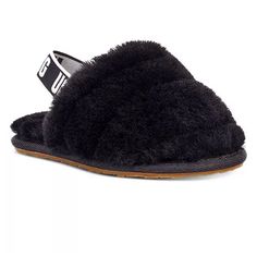 Elastic Strap For A Snug Fit. Black Closed Toe Winter Slippers, Black Plush Lined Winter Slippers, Black Cozy Slippers With Round Toe, Black Fluffy Slippers For Winter, Comfortable Black Slippers For Fall, Black Round Toe Slippers For Fall, Girl Uggs, Ugg Fluff Yeah, Ugg Slides