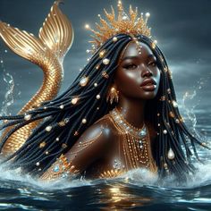 a woman with braids in the water wearing a gold headdress and pearls