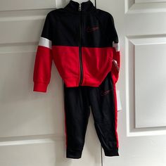 Nike 2 Piece Jogging Suit. Red And Black. Nwt Nike Long Sleeve Sets For Winter, Nike Sets For Winter Playwear, Nike Long Sleeve Winter Sets, Nike Sporty Winter Sets, Sporty Nike Winter Sets, Red Sportswear Sets For Sports, Red Fitted Tracksuit For Sportswear, Red Fitted Tracksuit Sportswear, Nike Long Sleeve Sports Sets