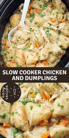 slow cooker chicken and dumplings in a crock pot with text overlay