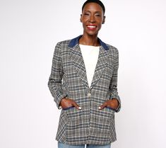 We give this one-button blazer an A plus for its collegiate-cool looks and slightly tailored fit. Comfortable on any type of campus, picture this plaid piece paired with your fave jeans and tee for a weekend look or wide-leg trousers and silk tank for something more profesh. (Extra bonus points for the faux suede collar and elbow patches.) From Susan Graver. Preppy Winter Workwear Blazer, Preppy Winter Blazer For Workwear, Preppy Blazer For Fall Workwear, Preppy Fall Blazer For Workwear, Formal Jacket, Susan Graver, Petite Jacket, Floral Jacket, Knit Blazer