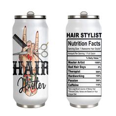 two beer cans with labels for hair stylist and nutrition fact on them, one has scissors in it