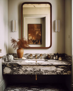 a bathroom sink with a mirror above it and a plant in front of the sink