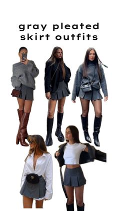 Grey Corduroy Skirt Outfit, High Knee Brown Boots Outfit, Club Outfits Fall Night, Gray Skirt Outfit Fall, Cold Outfits Skirt, Gray Pleated Skirt Outfit Winter, Party Boots Outfit, Gray Skirt Fall Outfit, Grey Blazer And Skirt Outfit