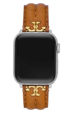 Tory Burch The Kira Leather 20mm Apple Watch® Watchband | Nordstrom Tory Burch Apple Watch Band, Trendy Gold Leather Apple Watch Band, Classic Leather Gold Apple Watch Band, Luxury Silver Leather Apple Watch Band, Trendy Gold Leather Watch, Apple Watch Leather, Apple Watch Leather Strap, Leather Apple Watch, Gold Watches Women