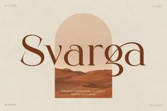 the word svarga is written in brown and white with an image of mountains