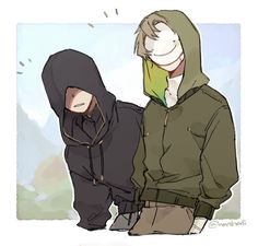 two people standing next to each other wearing hoodies