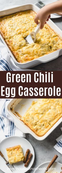 green chili egg casserole in a white dish