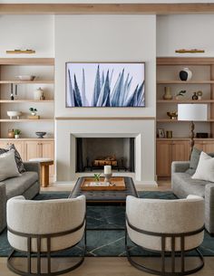 a living room filled with furniture and a fire place in front of a wall mounted tv