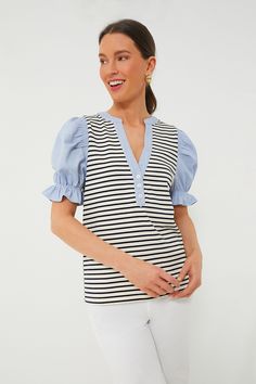 Navy Stripe Livia Puff Sleeve Top | Pomander Place Denim Mini Skirts, Notched Neckline, Feminine Details, Cocktail Attire, Left Out, The Navy, Weekend Wear, Puff Sleeve Top, Denim Mini