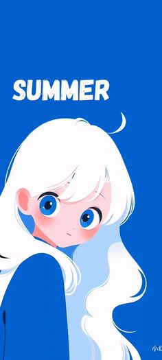 an illustration of a girl with long white hair and blue eyes, in front of a blue background that says summer