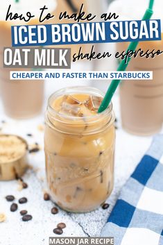 iced brown sugar oat milkshake in a mason jar with text overlay