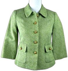 Retro Long Sleeve Tweed Jacket For Spring, Vintage Tweed Blazer For Spring, Green Spring Tweed Jacket For Office, Green Tweed Jacket For Spring Office Wear, Spring Green Tweed Office Jacket, Blazer Gold Buttons, Cropped Blazer, Pan Collar, Peter Pan Collar