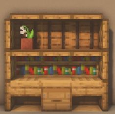 an image of a shelf with books and plants on it in the minecraft style