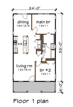 the floor plan for a two bedroom cabin with living room and dining area in it