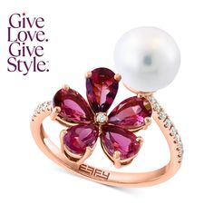 in stock Bypass Ring, Pink Tourmaline, Fresh Water, Tourmaline, Freshwater Pearls, Rose Gold, Ring, Flowers, Gold