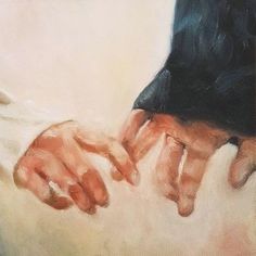 an oil painting of two hands holding each other