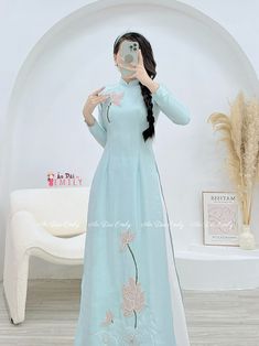 🌻Material: Lụa vân gỗ 🌻Stretchy level: 2/10 🌻 The measurement of this ao dai (long dress) is in Vietnamese size (American size tends to be bigger for the same size). Please LOOK AT THE SIZE CHART CAREFULLY BEFORE ORDERING. There might have some chalk writings on the fabric due to making process. These marks can be washed away easily. 🌻🌻No returns or exchanges Buyer can contact seller about any issues with an order. 🌸 Follow us Facebook/aodaiemily www.aodaiemily.com 💜 Thank you very much💜 Long Kurta With Intricate Embroidery For Spring, Fitted Floor-length Sets With Embroidered Border, Long Embroidered Sets For Spring, Light Blue Embroidered Dress For Eid, Fitted Full Length Embroidered Sets, Fitted Full-length Embroidered Sets, Fitted Long Embroidered Sets, Fitted Embroidered Long Sets, Embroidered Fitted Full-length Sets