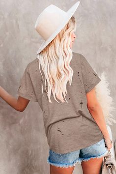 Khaki Ripped Pocket Tee Brown Short Sleeve Distressed Top, Brown Distressed Short Sleeve Top, Distressed Brown Summer Tops, Brown Distressed Cotton Tops, Brown Distressed Crew Neck Top, Ripped Tee, Ripped Leggings, Graphic Pant, Graphic Tank Tops