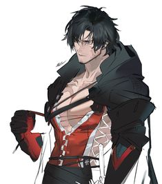 an anime character with black hair and red shirt holding scissors in his right hand, while standing