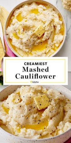 mashed cauliflower in a bowl with butter and seasoning on the side