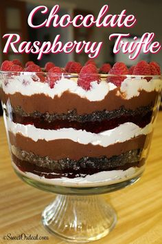 chocolate raspberry trifle in a glass dish with the words, chocolate raspberry trifle