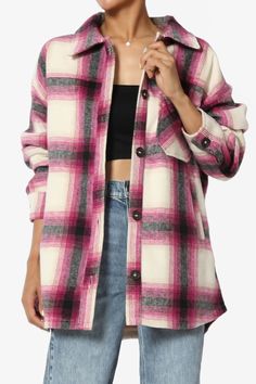 Cameron Plaid Flannel Oversized Shacket MAGENTA_1 Flannel Oversized, Oversized Shacket, Jeans And Ankle Boots, Chic Coat, Aesthetic Shoes, Outfit Dress, Winter Weather, Effortless Chic, Womens Plaid