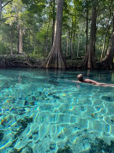 a person floating in the middle of a lake surrounded by trees