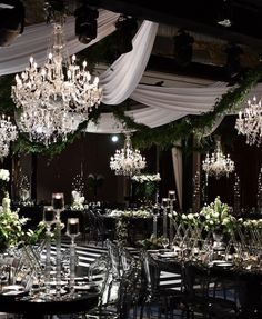 a room filled with lots of tables covered in chandeliers