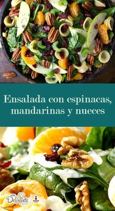 a salad with nuts, oranges and spinach in it