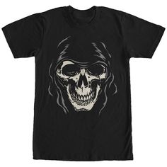 a black t - shirt with a white skull on it