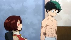 an anime character is standing next to another person with his shirt off and the caption that says, that's true