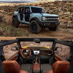 there are two pictures of the inside of a truck with leather seats on it and an image of a jeep in the background