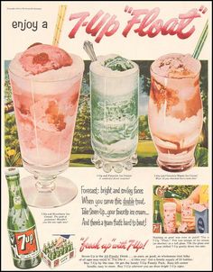 an old advertisement for flip flops with two drinks in it and one ice cream