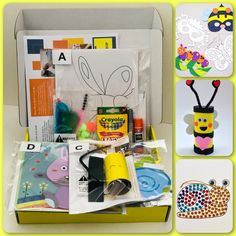 the contents of a craft kit are displayed in a box with pictures and other items