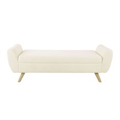 an upholstered white bench with wooden legs and back rests on a white background