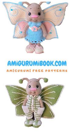 two crocheted stuffed animals sitting next to each other on a white background with the words amigurum book com