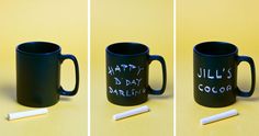 three photos of coffee mugs with writing on them