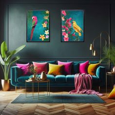 a living room with two paintings on the wall and colorful couches in front of them