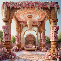 an elaborately decorated gazebo with pink and white flowers