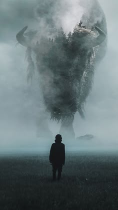 a man standing in front of a giant monster