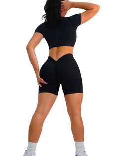 Description: Look on-trend during your workout with these Seamless V-Back Booty Shorts. Featuring a trendy butt scrunch and V-back waistband, these shorts guarantee the ideal fit for any body type. All of our leggings are made out of high quality nylon and spandex. Expect VERY comfortable, soft, and breathable fabric on your skin. Unlike cheap polyester leggings, these leggings do not slide down as you move and instead forms your figure all day. From shopping, working, going to classes and worki Body Types, Black Media, Black Fabric, Breathable Fabric, Jumpsuit Romper, That Look, Rompers, Fabric, Black