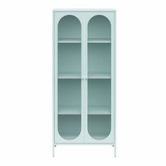 a white bookcase with glass doors on the front and bottom shelves, against a white background