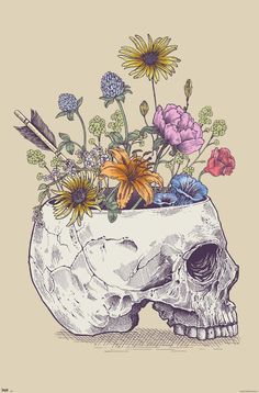 a drawing of a skull with flowers in it