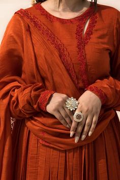 Buy Orange Mul Chanderi Gulmohar Full Sleeve Angrakha Anarkali Pant Set For Women by MITHI SUPARI Online at Aza Fashions. Angrakha Anarkali, Chanderi Dupatta, Simple Kurta Designs, Casual Indian Fashion, Dress Design Patterns, Kurti Neck Designs