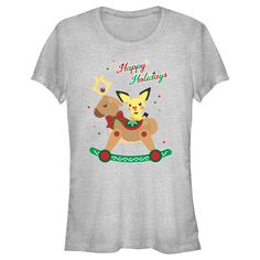 Gotta catch 'em all! Get into the Christmas spirit with the iconic world of Pokemon cards, video games, TV shows, and more with adorable new officially licensed apparel for the whole family featuring all your favorite Pokemon! This Juniors' Pokemon Christmas Pichu Rocker Graphic T-Shirt features the adorable and happy Pichu perched on a reindeer, the phrase: "Happy Holidays" in green and red lettering, and colorful confetti in the background. Grab one of these new Pokemon tees this holiday and b Pokemon Christmas, T Shirt Pokemon, Colorful Confetti, New Pokemon, Graphic Tee Design, Catch Em All, Green And Red, Formal Attire, Pokemon Cards