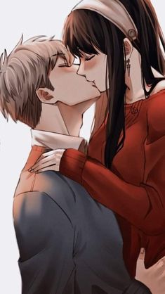 two people that are kissing each other and one is wearing a red shirt with long black hair