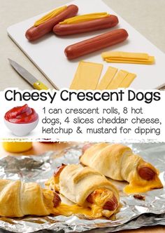 an advertisement for cheesy crescent dogs with cheese and hotdogs on them