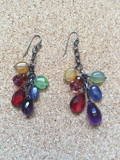 color cascade multi gemstone cluster earrings by sweetassjewelry Bohemian Multicolor Gemstone Earrings, Bohemian Multicolor Multi-stone Earrings, Bohemian Multi-stone Dangle Earrings, Sundance Style, Rainbow Beads, Rainbow Earrings, French Wire, Boho Rainbow, Beaded Dangle Earrings