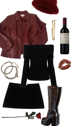 Adele Inspired Outfit, Black Red Gold Outfit, Leather Jacket Mini Skirt Outfit, Red Wine Outfit, Red Leather Skirt Outfit, Wine Red Jacket, Red Leather Jacket Outfit, Magazine Aesthetic, Aesthetics Fashion